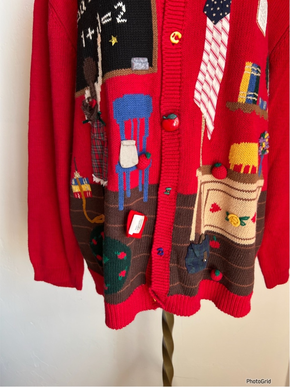Vintage Susan Bristol Hand Embroidered Novelty Teacher Red Cardigan XL - Picture 6 of 11